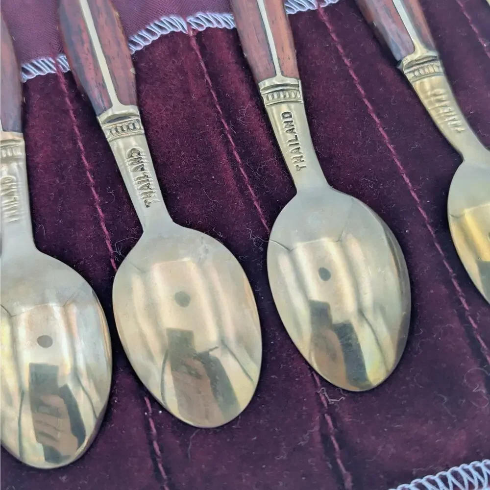 Vintage Thailand Brass & Rosewood Spoon Set – Flatware w Velvet Case